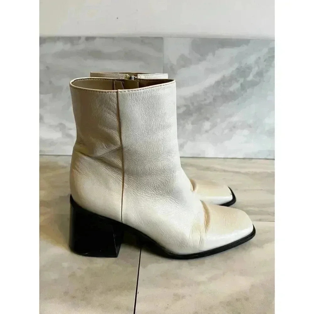 Sam Edelman Winnie Booties Modern Ivory Leather Square Toe Chunky Heel Size 9.5